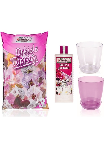3 L Orkide Toprağı. 225Ml Orkide Besini. 1 Şeffaf. 1 Lila Saksı
