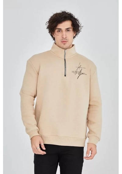 Etiler Collection Erkek Yarım Fermuarlı Baskılı Sweat - Bej