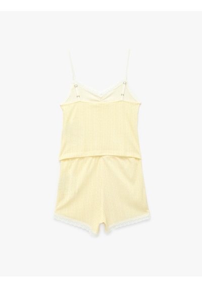 Koton Dantel Detaylı Rahat Kalıp V Yaka Pamuklu Askılı Şortlu Pijama Takımı Sarı Ekose 6slk40200mk Sarı Ekoseli