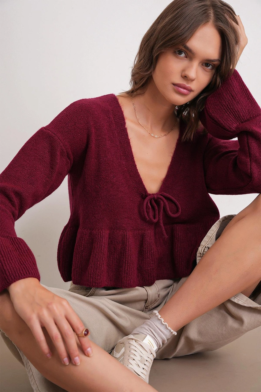 Mixray 6955 Kadın Fırfırlı Triko Kazak Bordo Bordo