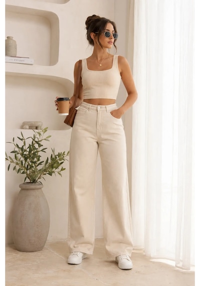 Layal My Beauty Melody Kadın Jeans Wide Leg Rahat Yüksek Bel Salaş Bol Paça Jean Palazzo Denim Kot Pantolon Krem