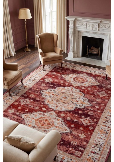 Hoom Rugs Otantik 2609 Kırmızı Vintage Desenli Salon Halısı