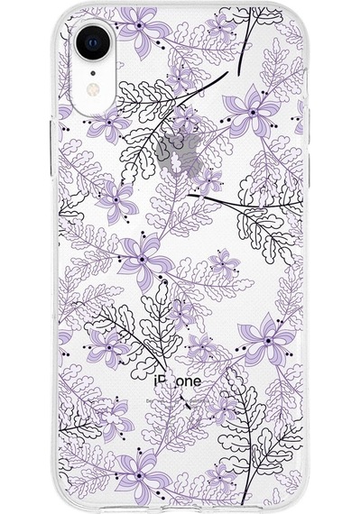 Apple Uyumlu iPhone Xr  Kapak Floral Lila Tasarımlı Şeffaf Silikon Kılıf
