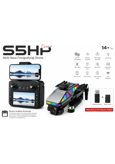 S5hp Drone Akıllı Hava Fotoğrafçılığı Dron 4k Hd Çift Kamera 360 Derece Engel Algılama 50xzoom Usb Kart Okuyucu+ Micro Sd Kart Hediye Katlanabilir Wifi Cam Uygulama Kontrol Ekrablı Uzaktan Kumanda