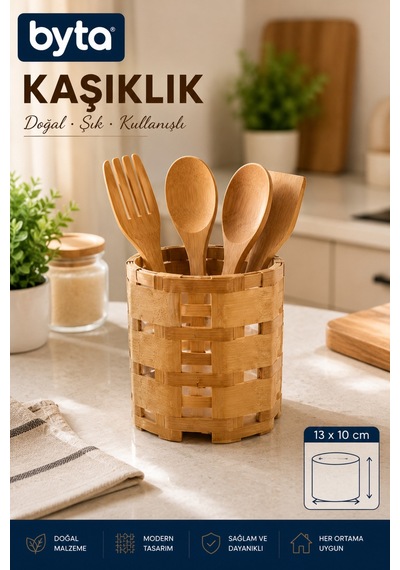 Bambu Kaşıklık 13x10 Cm Mutfak Tezgah Üstü Kaşık Çatal Düzenleyici Organizer Kahverengi