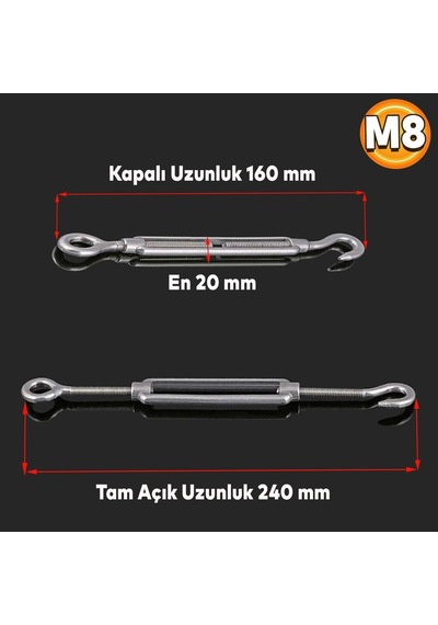 Çelik Kanca M8 Yük Halat Gerdirme Galvenizli Paslanmaz 5 Adet Çok Renkli