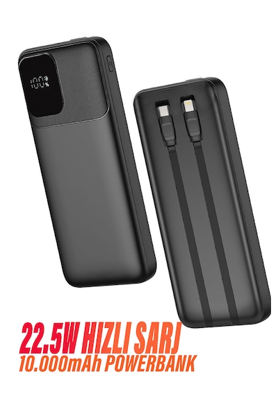 Powerbank 10000 Mah 22,5w Usb-c 2x Usb-a Qc 3.0 Pd Led Ekranlı Hızlı Şarj Siyah