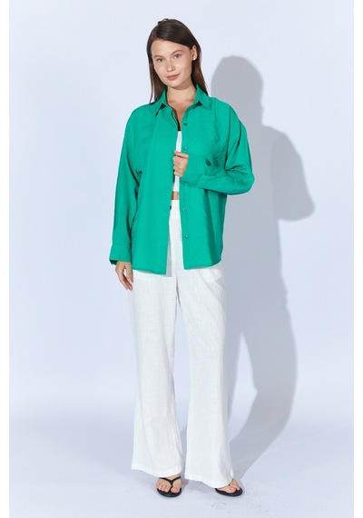 Manche Yeşil Modal Soft Dokulu Yumuşak Gizli Pat Detaylı Oversize Kadın Gömlek Mks168262-01