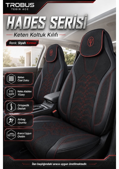 Tesla Model 3 2017 Ve Sonrası Uyumlu Hades Serisi Keten Koltuk Kılıfı Siyah Kırmızı 37683667