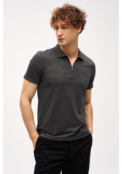 Antrasit Slim Fit Dar Kalıp Fermuarlı Polo Yaka Düz Kısa Kollu Tişört-16410 Gri