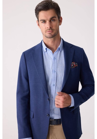 Erkek Lacivert Regular Fit Keten Karışımlı Mono Yaka Ceket