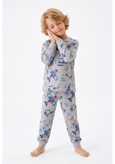 Bunny Hopp Erkek Çocuk Uzun Kollu Pijama Takımı %100 Pamuk Vintage Uçak Desenli Penye Gri