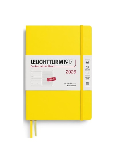 Leuchtturm1917 Orta Boy A5 12 Aylık Ajanda Ve Not Defteri Çizgili 2026 Sert Kapak, İngilizce, Lemon 372655 Sarı