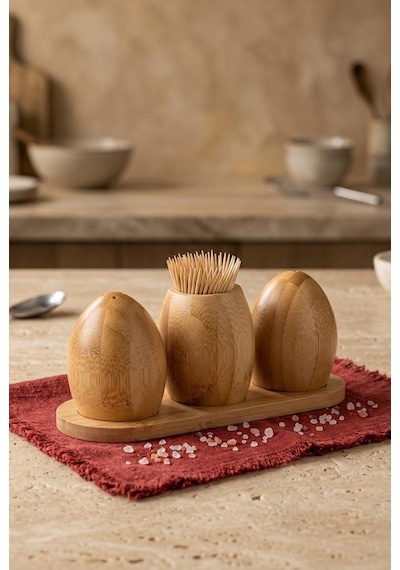 Atbyhome Standlı 4 Parça Bambu Tuzluk Biberlik Kürdanlık Seti 17x7 Cm - Masa Üstü Baharatlık Takımı