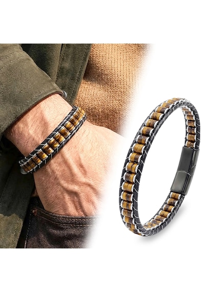 Moncuk Design Kaplan Gözü & Hematit Çelik Örgülü Deri Bileklik 33512b22d1 Kahverengi