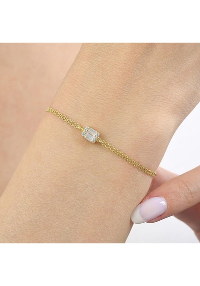Mia Vento Pırlanta Montür Minimal Dörtgen Baget Gold Renk Gümüş Bileklik