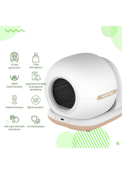 Haustier Cb002 Bej Kameralı Akıllı Otomatik Kedi Tuvaleti, App İle Uzaktan Kontrol, 72lt Hazne, 7lt Çöp Haznesi
