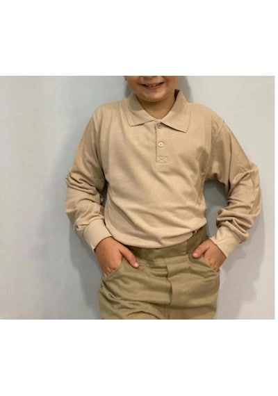 Dıgıl Kids Çocuk Polo Yaka Okul Tişörtü Uzun Kol Bej