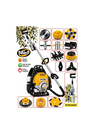 Dragro Drg-14 Sırt Tipi S Motorlu Tırpan Çapalama Seti + Zeytin Toplama 14 Parça Full Set Bahçe Seti