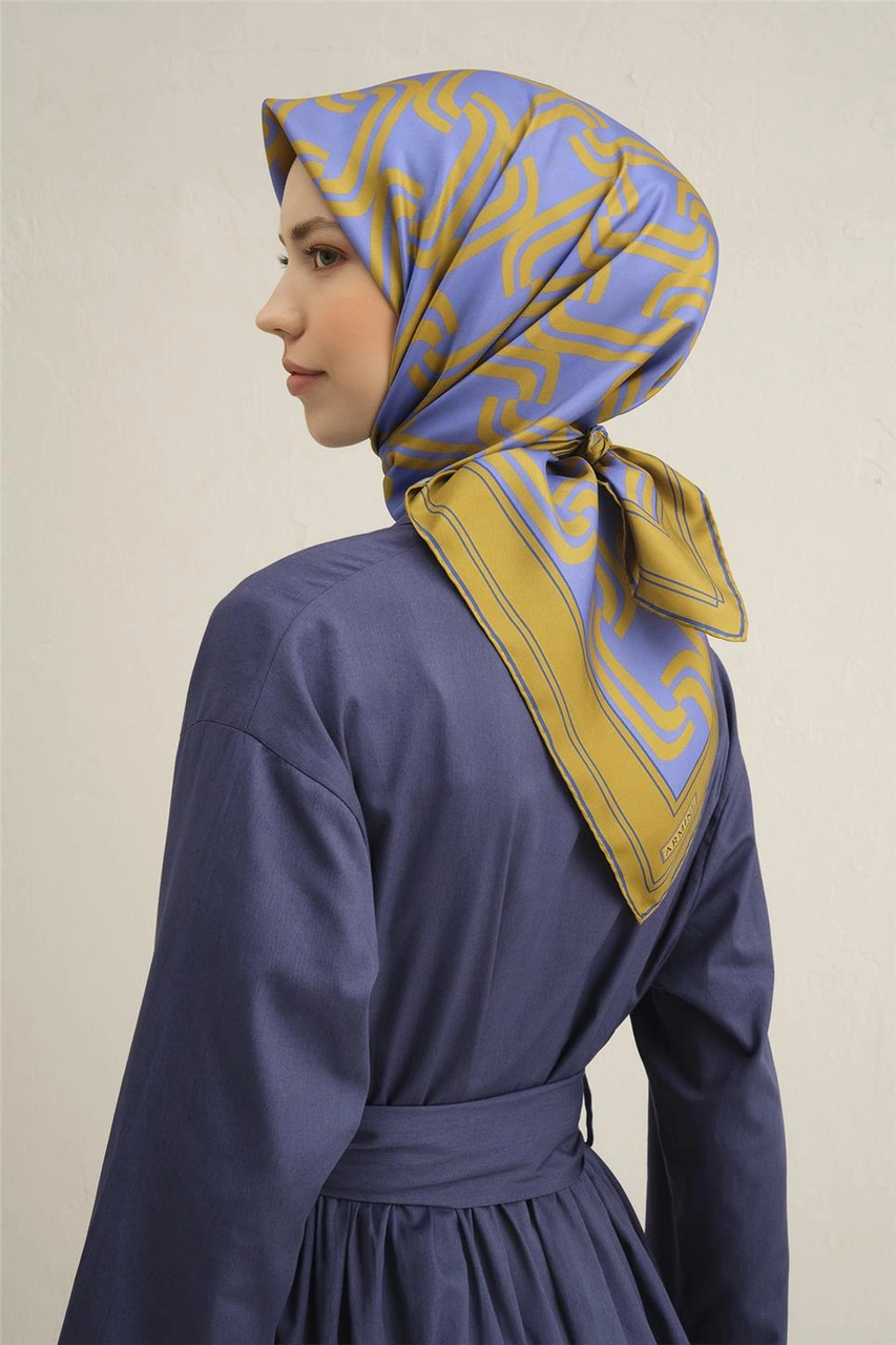 Armine Klasik Desenli Saf İpek Twill Eşarp 9343d 01 Mavi