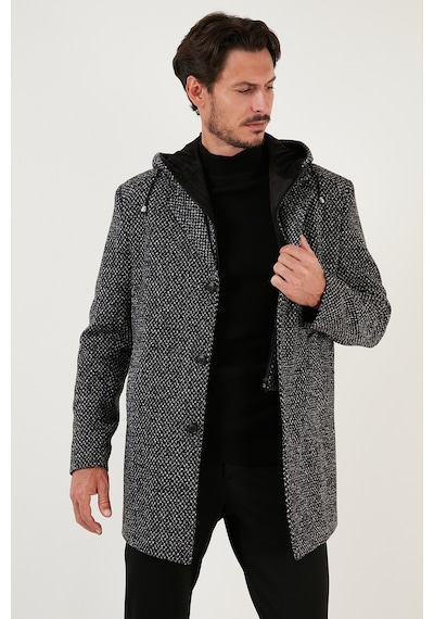 Buratti Çıkarılabilir Kapüşonlu Kırçıllı Slim Fit Kaşe Erkek Kaban 5841013 Siyah Noktalı