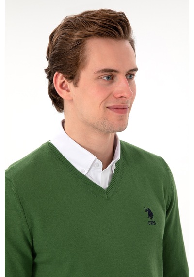 U.S. Polo Assn. Erkek Slim Fit V Yaka Yeşil Basic Kazak 50288881-VR054