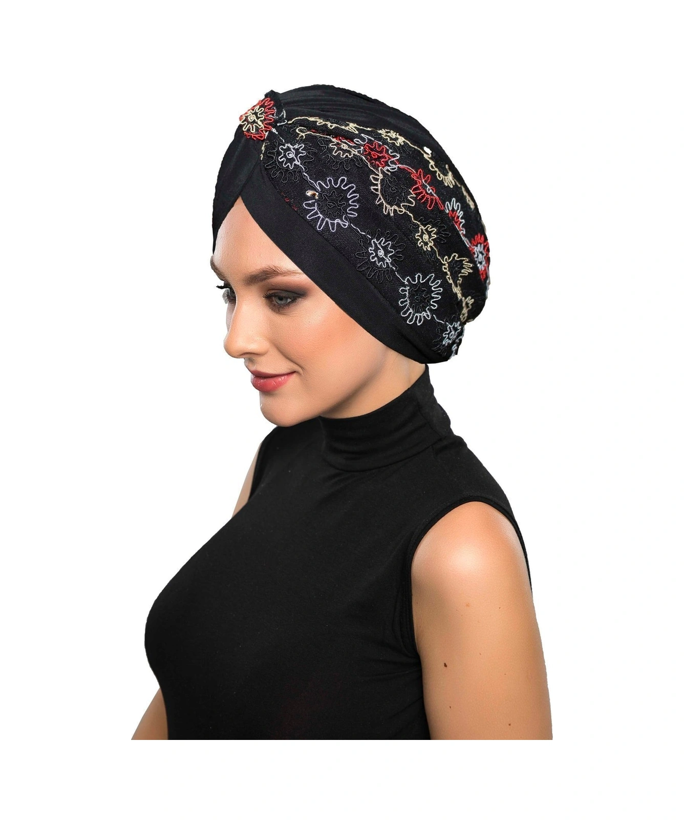 Elysianfidan Otantik Nakış Motifli Astarlı Hazır Türban Tesettür Bone Siyah Motif 9