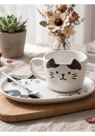 Sunum Tabaklı Kedi Tasarım Kaşıklı Seramik Kupa Siyah