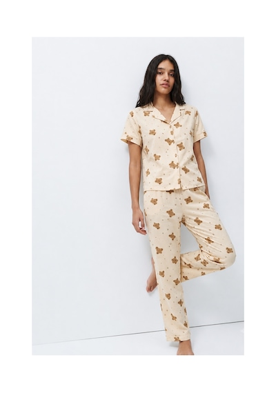 Fit Women Standart Boy Elastanlı Kırık Beyaz Pijama Takımı