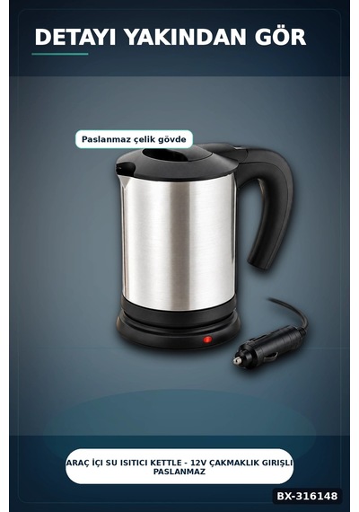 Araç İçi Su Isıtıcı Kettle - 12v Çakmaklık Girişli Paslanmaz Çelik Termos Bx-316148