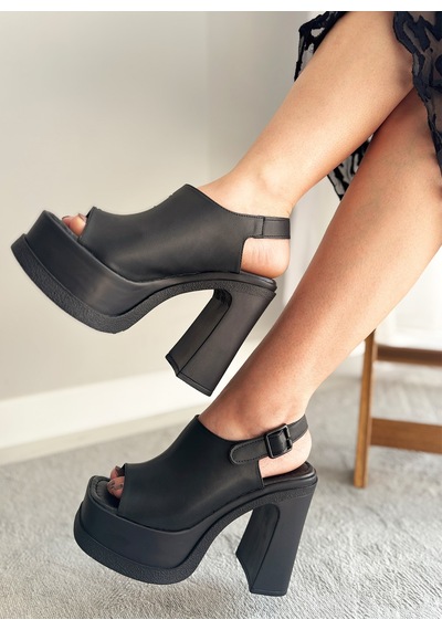 Asmi Shoes Kadın Veronica Siyah Cilt 12 Cm Önü Ve Arkası Açık Platform Topuklu Ayakkabı