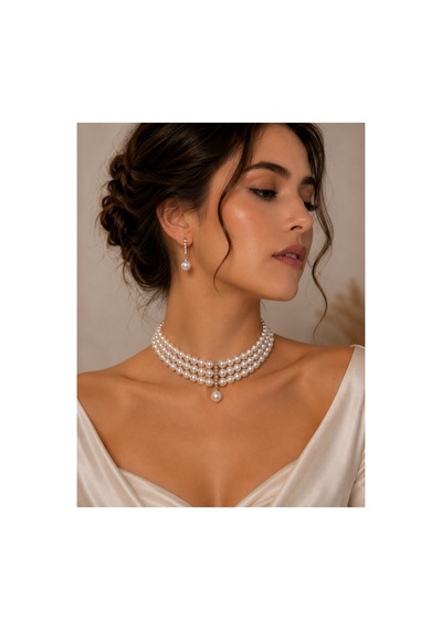 Kristal Taşlı Üç Sıra İnci Tasma Kolye Ve İnci Küpe Seti Beyaz 30839555