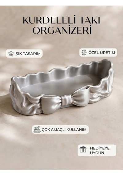 Kurdeleli Aksesuar Kutusu Ve Dekoratif Takı Çanağı Gümüş
