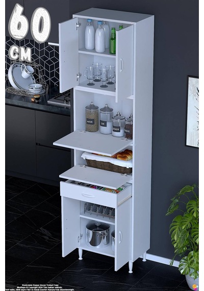 Alp 60 Cm Çekmeceli Erzak Dolabı - Çok Amaçlı Banyo Kiler Mutfak Antre Depolama Dolabı 60x226x32 Cm Beyaz