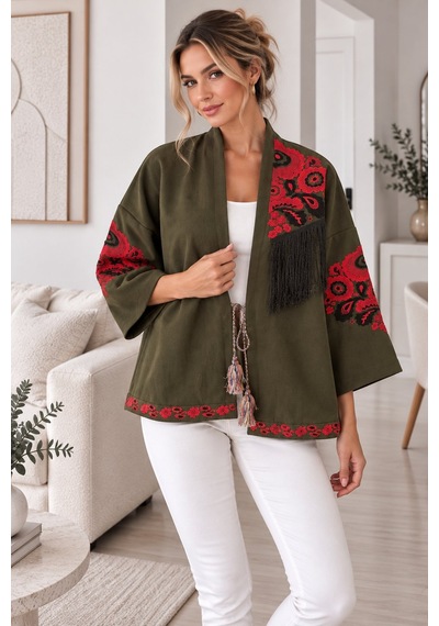 Lima Haki Kadın Nakışlı Ceket Etnik Desenli Püskül Detaylı Kimono Ceket