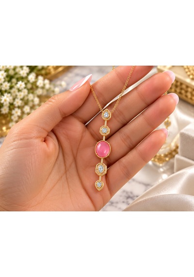 Terragolds Çelik Zincir Pembe Gold Renk Zirkon Taşlı Y Kolye - Bko10556