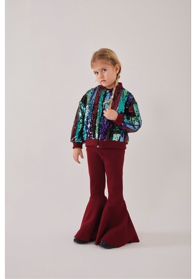 My Kids Wear Kız Çocuk Bayramlık Payetli Ceket & İspanyol Paça Tayt Takımı 12476 Bordo