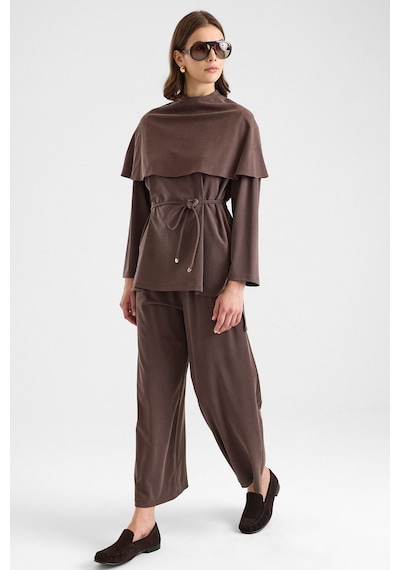Olcay Şal Aksesuarlı Premium Kumaş Tunik Pantolon Kahve 9470-tk