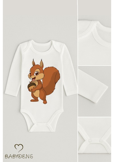 Babyden's Sevimli Hayvan Figürlü %100 Pamuk Uzun Kollu Çıtçıtlı Bebek Body Sincap Beyaz