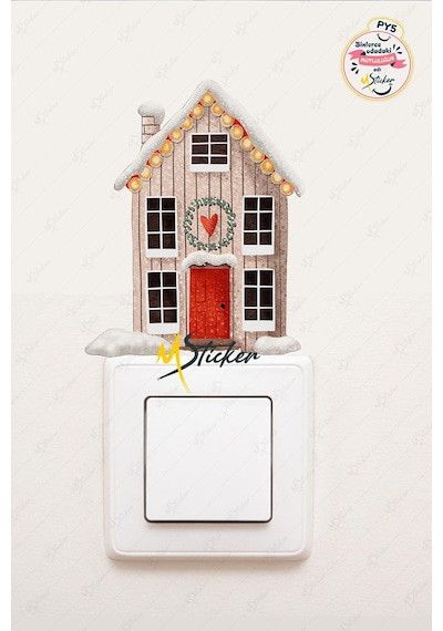 Yeni Yıl Sevimli Karlı Ev Priz Sticker - Yılbaşı Stickerı Dijital Baskı