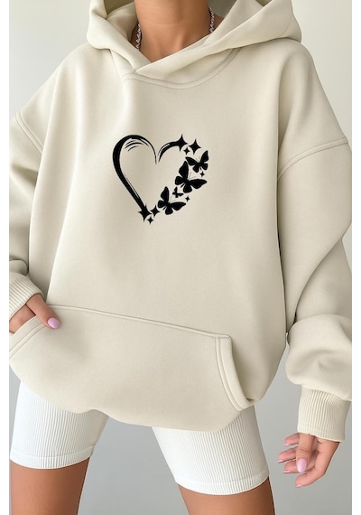 Benroma 3 İplik Penye Kalp Unisex Kapüşonlu Sweat Beyaz