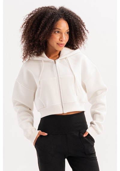 Justever Crop Kapüşonlu Fermuarlı Kanguru Cepli Şardonlu Hoodie Ekru Kadın Sweatshirt - Lumen Ekru