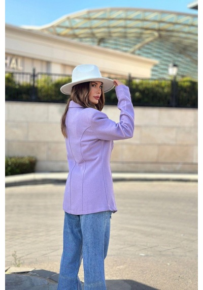 Kadın Lila Astarlı, Tek Düğme, Vucüda Oturan Kalıp, Fitilli Kaşe Kumaş Blazer Ceket Lila