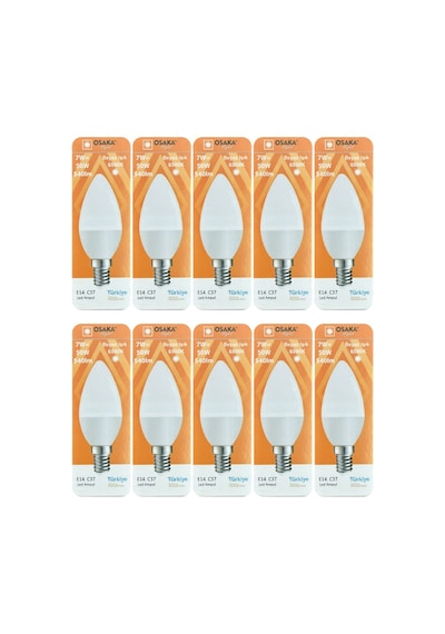 10 Adet Osaka 7w 50w Beyaz Işık 6500k E14 Duylu İnce Duy Led Mum Ampul