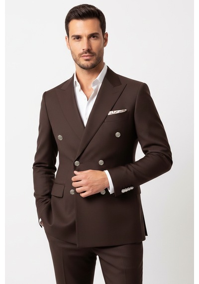 Gümüş Renk Metal Düğmeli Modern Fit Kruvaze Kahverengi Erkek Takım Elbise Wessi Gümüş Renk Metal Düğmeli Modern Fit Kruvaze Kahverengi Erkek Takım Elbise Wessi