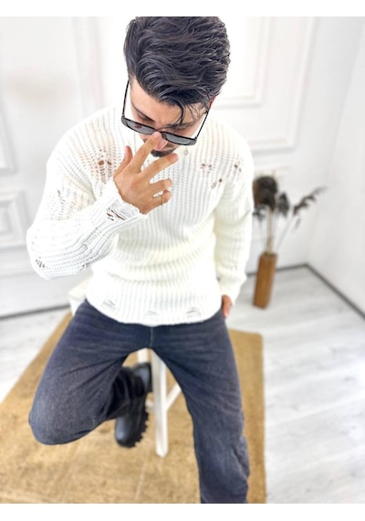 Elku Moda Kazak Oversize Yırtık Detaylı Lazer Kesim Tüylenmez Naturel Pamuk Rahat Kesim Salaş Kazak 001