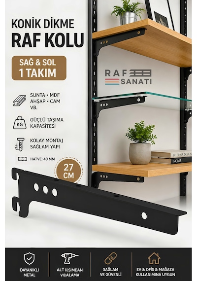 1 Takım Raf Destek Kolu 27 Cm 40 Hatve Ahşap Mdf Sunta Cam Raf Tutucu Raf Kolu Siyah