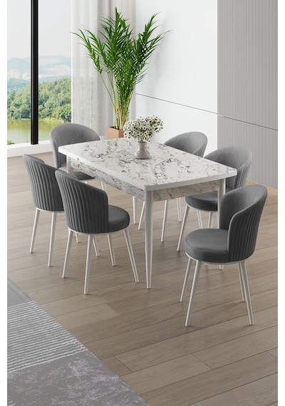 Canisa Asfel Serisi Mdf 77x130 Beyaz Mermer Desen Yandan Açılabilir Mutfak Masa Takımı 6 Sandalye Beyaz Mermer Masa Gri Sandalye Canisa Asfel Serisi Mdf 77x130 Beyaz Mermer Desen Yandan Açılabilir Mutfak Masa Takımı 6 Sandalye Beyaz Mermer Masa Gri Sandalye
