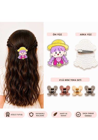 Sevimli Figürlü Büyük Saç Tokası + 4 Lü Mini Mandal Seti Lila