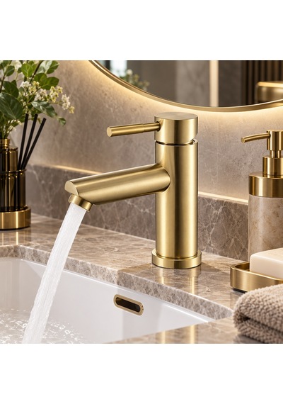 Alfas Lavabo Bataryası Mat Gold Fırçalı Altın 304 Paslanmaz Aç Kapa Banyo Bataryası Leke Tutmaz Mat Altın